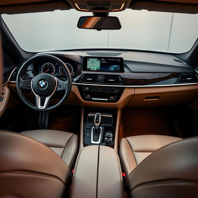 A detailed view of a luxurious BMW interior showcasing premium leather seats, a sleek dashboard with state-of-the-art technology, ambient lighting, and elegant wood trim