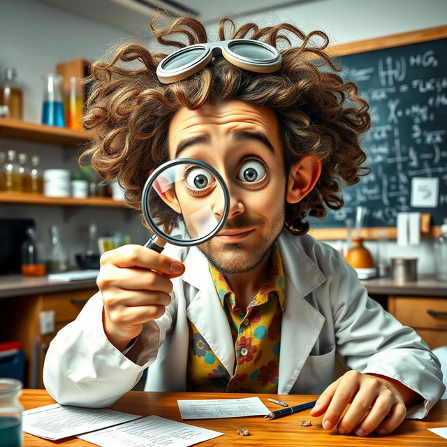 A quirky and imaginative portrait of a scientist with a magnifying glass held up to one eye, examining a small object