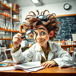 A quirky and imaginative portrait of a scientist with a magnifying glass held up to one eye, examining a small object