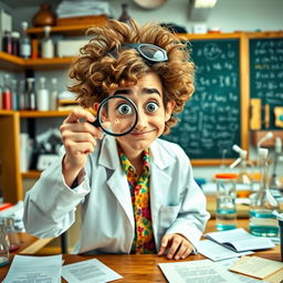 A quirky and imaginative portrait of a scientist with a magnifying glass held up to one eye, examining a small object