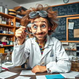 A quirky and imaginative portrait of a scientist with a magnifying glass held up to one eye, examining a small object