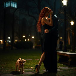 A highly detailed, cinematic night scene in a city park featuring a striking young woman with red hair wearing high heels, engaging in an intimate pose from a side view