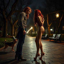 A highly detailed, cinematic night scene in a city park featuring a striking young woman with red hair wearing high heels, engaging in an intimate pose from a side view