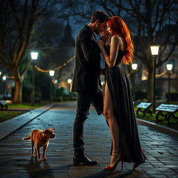 A highly detailed, cinematic night scene in a city park featuring a striking young woman with red hair wearing high heels, engaging in an intimate pose from a side view