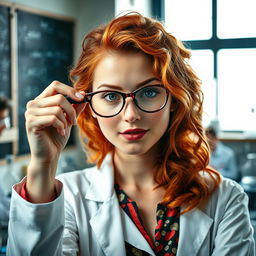 A captivating portrait of a red-haired female scientist with a magnifying glass held up to one eye, intently examining a specimen