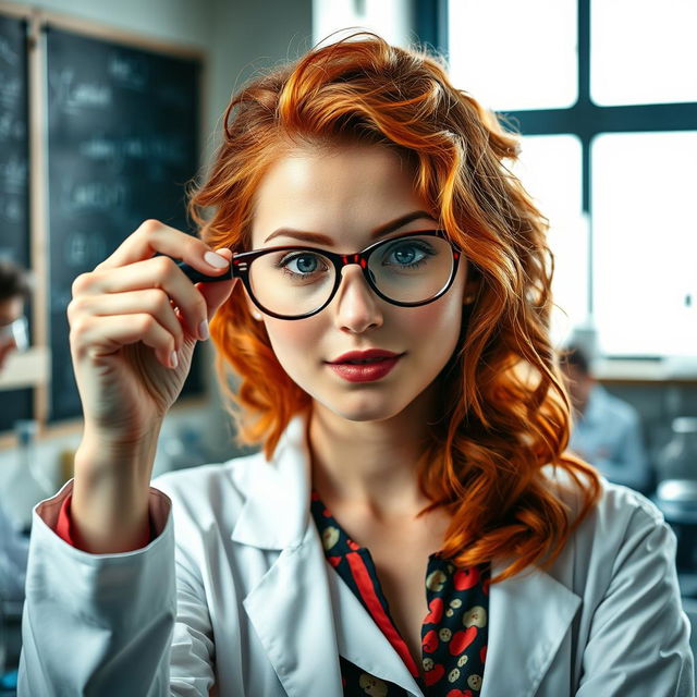 A captivating portrait of a red-haired female scientist with a magnifying glass held up to one eye, intently examining a specimen