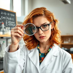 A captivating portrait of a red-haired female scientist with a magnifying glass held up to one eye, intently examining a specimen