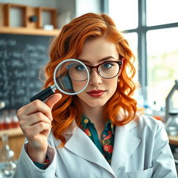 A captivating portrait of a red-haired female scientist with a magnifying glass held up to one eye, intently examining a specimen