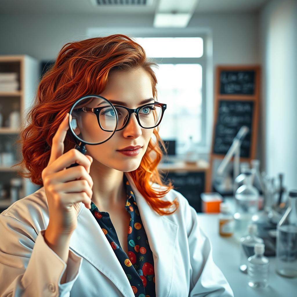 A captivating portrait of a red-haired female scientist with a magnifying glass held up to one eye, intently examining a specimen