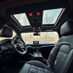 the luxurious interior of an Audi Q3 S-Line, showcasing premium leather seats with intricate stitching, a sleek dashboard with a modern infotainment system, ambient LED lighting, and a sporty yet elegant design