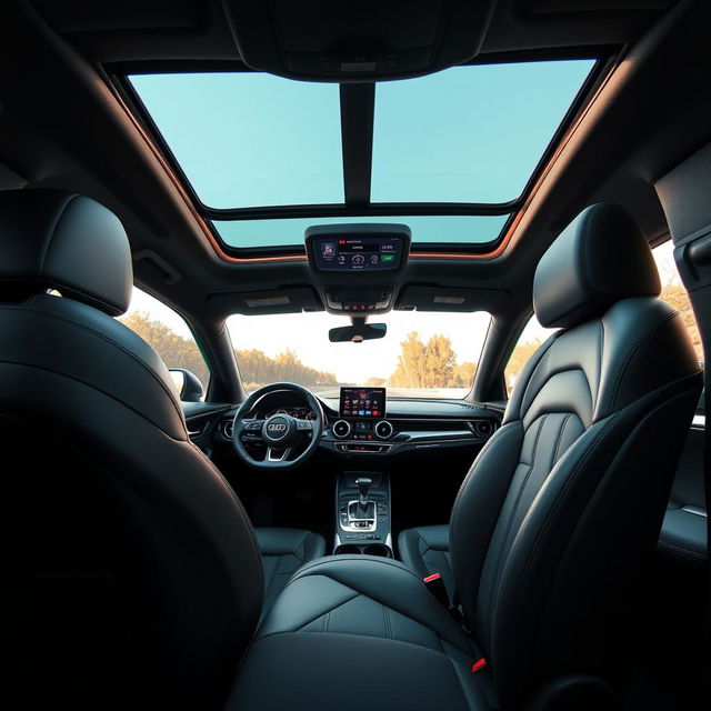 the luxurious interior of an Audi Q3 S-Line, showcasing premium leather seats with intricate stitching, a sleek dashboard with a modern infotainment system, ambient LED lighting, and a sporty yet elegant design