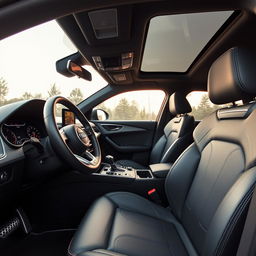 the luxurious interior of an Audi Q3 S-Line, showcasing premium leather seats with intricate stitching, a sleek dashboard with a modern infotainment system, ambient LED lighting, and a sporty yet elegant design