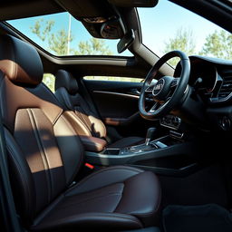 the luxurious interior of an Audi Q3 S-Line, showcasing premium leather seats with intricate stitching, a sleek dashboard with a modern infotainment system, ambient LED lighting, and a sporty yet elegant design