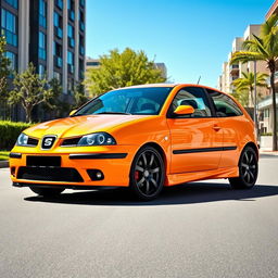 A customized 2002 Seat Ibiza 6L featuring sleek black alloy wheels and a sporty front bumper from the 2007 model, creating a unique and modern appearance