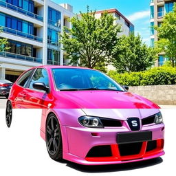 A customized 2002 Seat Ibiza 6L featuring sleek black alloy wheels and a sporty front bumper from the 2007 model, creating a unique and modern appearance
