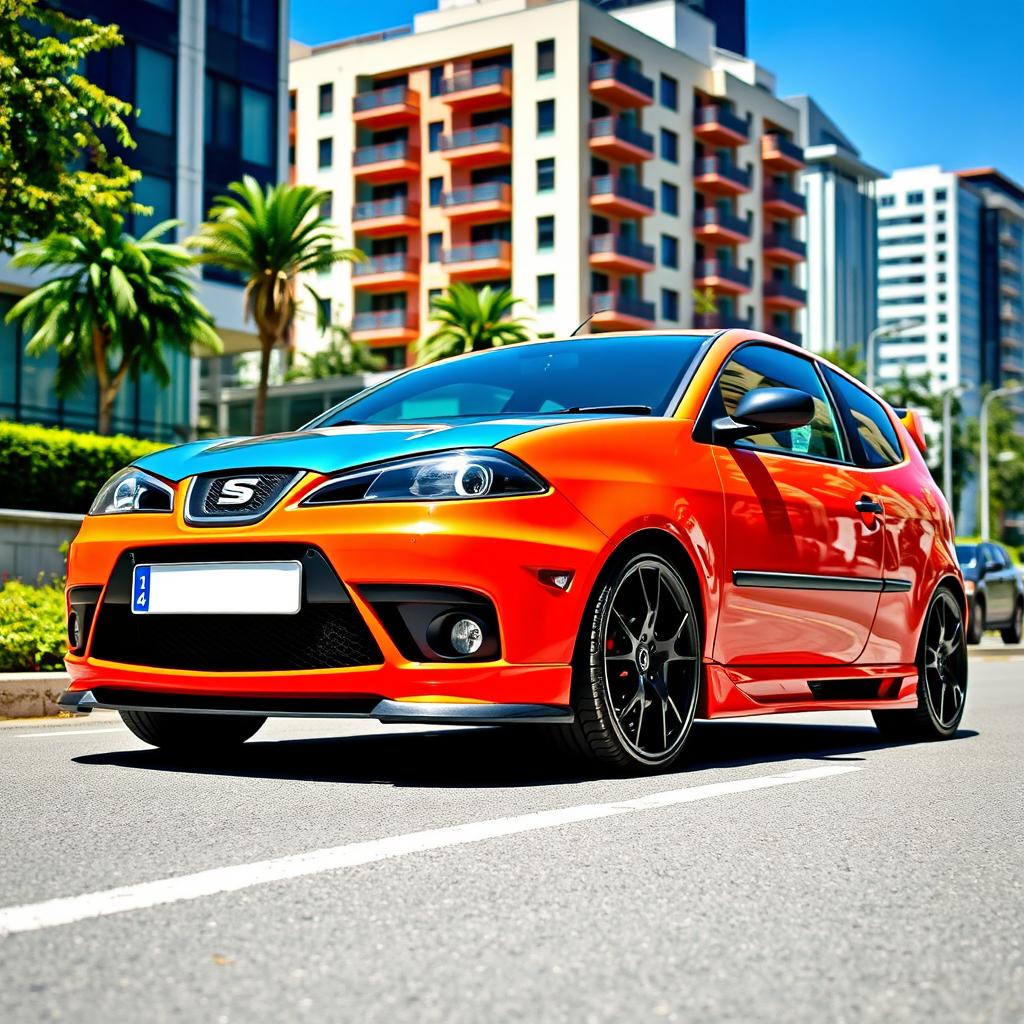 A customized 2002 Seat Ibiza 6L featuring sleek black alloy wheels and a sporty front bumper from the 2007 model, creating a unique and modern appearance