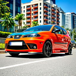 A customized 2002 Seat Ibiza 6L featuring sleek black alloy wheels and a sporty front bumper from the 2007 model, creating a unique and modern appearance