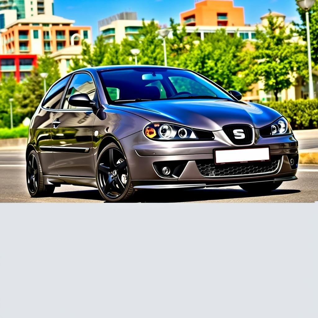 A 2002 Seat Ibiza 6L in a sleek gray color, enhanced with stylish black alloy wheels and a sporty front bumper from the 2007 model