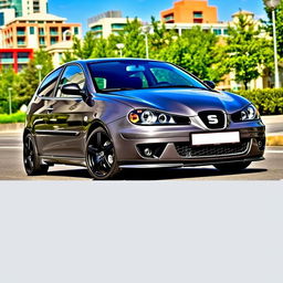 A 2002 Seat Ibiza 6L in a sleek gray color, enhanced with stylish black alloy wheels and a sporty front bumper from the 2007 model