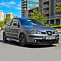 A 2002 Seat Ibiza 6L in a sleek gray color, enhanced with stylish black alloy wheels and a sporty front bumper from the 2007 model
