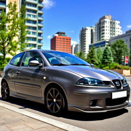A 2002 Seat Ibiza 6L in a sleek gray color, enhanced with stylish black alloy wheels and a sporty front bumper from the 2007 model
