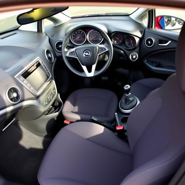 the interior of a 2015 Opel Corsa, featuring a compact and modern design with comfortable fabric seats, an intuitive dashboard with easy-to-read dials and an integrated infotainment system