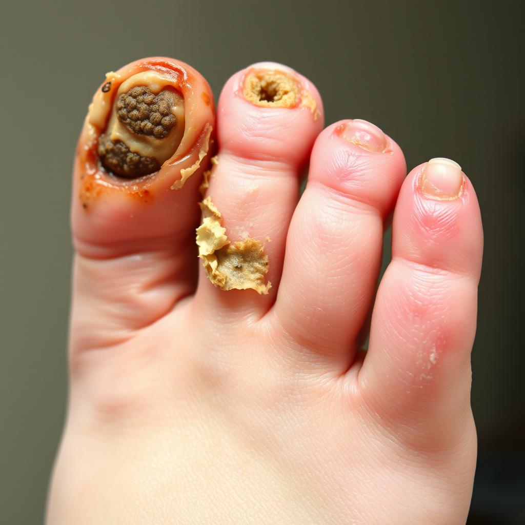 A close-up image of a big toe severely affected by a fungal infection