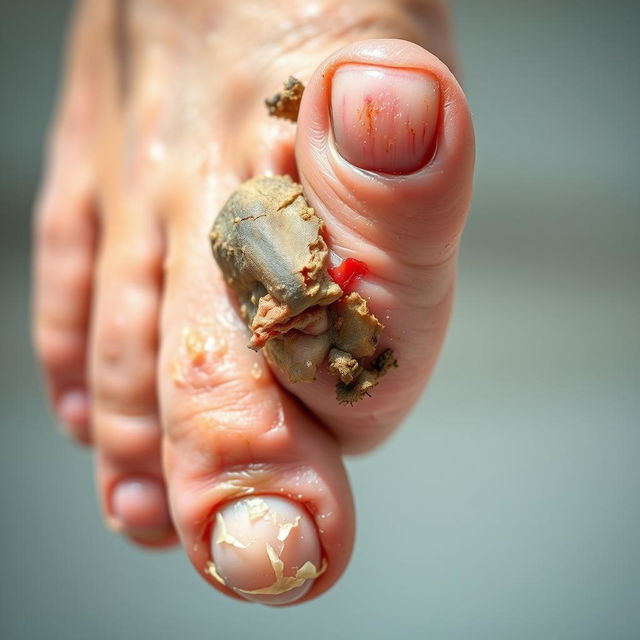 A close-up image of a big toe severely affected by a fungal infection