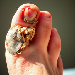 A close-up image of a big toe severely affected by a fungal infection