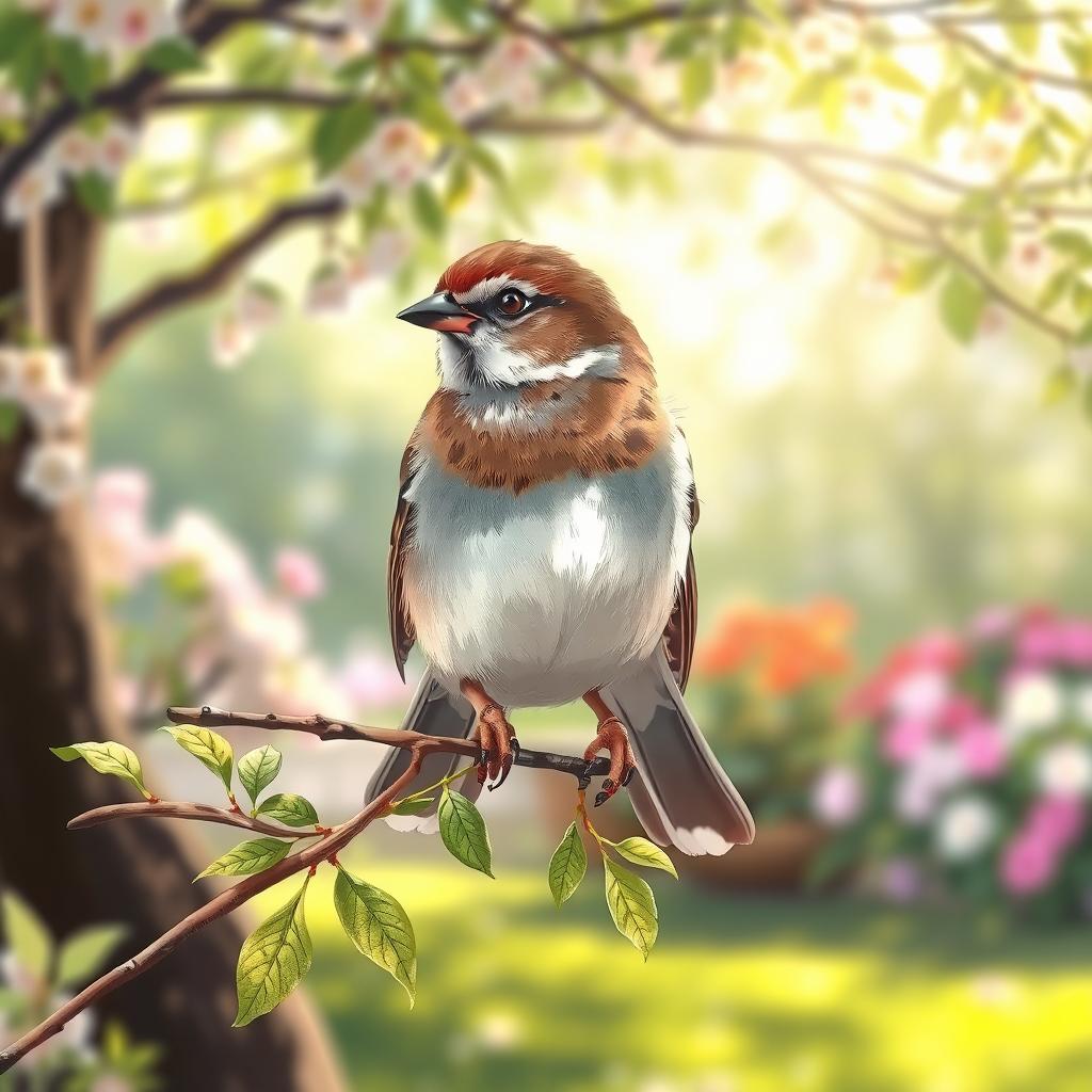 An artistic depiction of a beautiful and serene Spar (Sparrow) perched on a branch with delicate green leaves