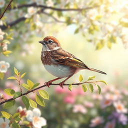 An artistic depiction of a beautiful and serene Spar (Sparrow) perched on a branch with delicate green leaves