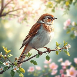 An artistic depiction of a beautiful and serene Spar (Sparrow) perched on a branch with delicate green leaves