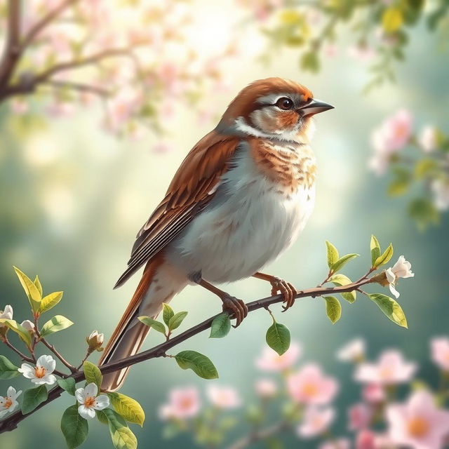 An artistic depiction of a beautiful and serene Spar (Sparrow) perched on a branch with delicate green leaves