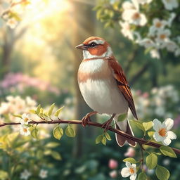 An artistic depiction of a beautiful and serene Spar (Sparrow) perched on a branch with delicate green leaves