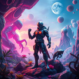 A creatively reimagined scene inspired by the theme of an alien world featuring powerful beings, vibrant colors, and intricate alien technology