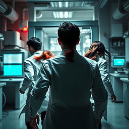 A dynamic scene of a group of four scientists escaping a laboratory through a security door, seen from behind
