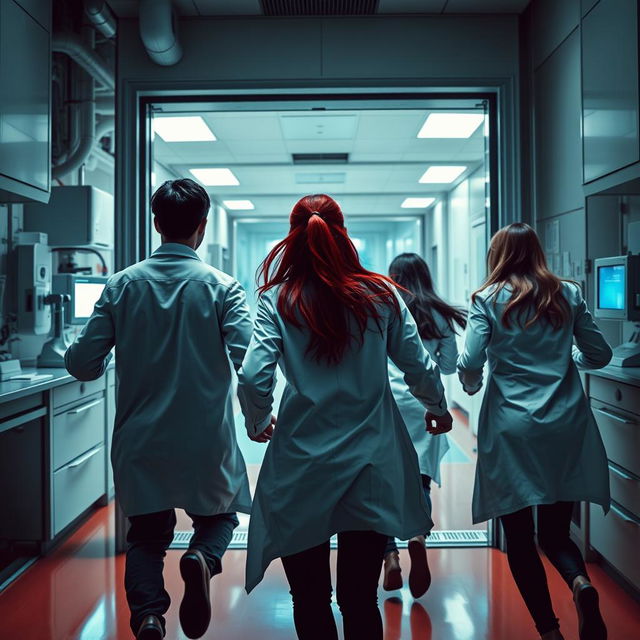 A dynamic scene of a group of four scientists escaping a laboratory through a security door, seen from behind