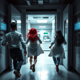 A dynamic scene of a group of four scientists escaping a laboratory through a security door, seen from behind