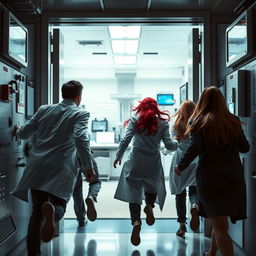 A dynamic scene of a group of four scientists escaping a laboratory through a security door, seen from behind