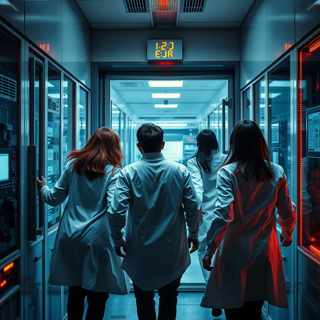 A thrilling scene depicting a group of four scientists escaping from a laboratory through a security door, viewed from behind