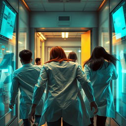 A thrilling scene depicting a group of four scientists escaping from a laboratory through a security door, viewed from behind