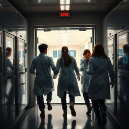 A thrilling scene depicting a group of four scientists escaping from a laboratory through a security door, viewed from behind