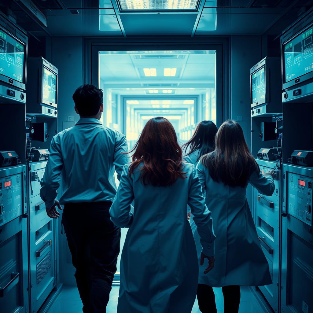 A thrilling scene depicting a group of four scientists escaping from a laboratory through a security door, viewed from behind