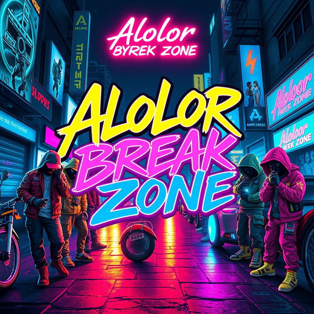 A vibrant poster design featuring large, bold graffiti text that reads "Alolor Break Zone" in a neon style