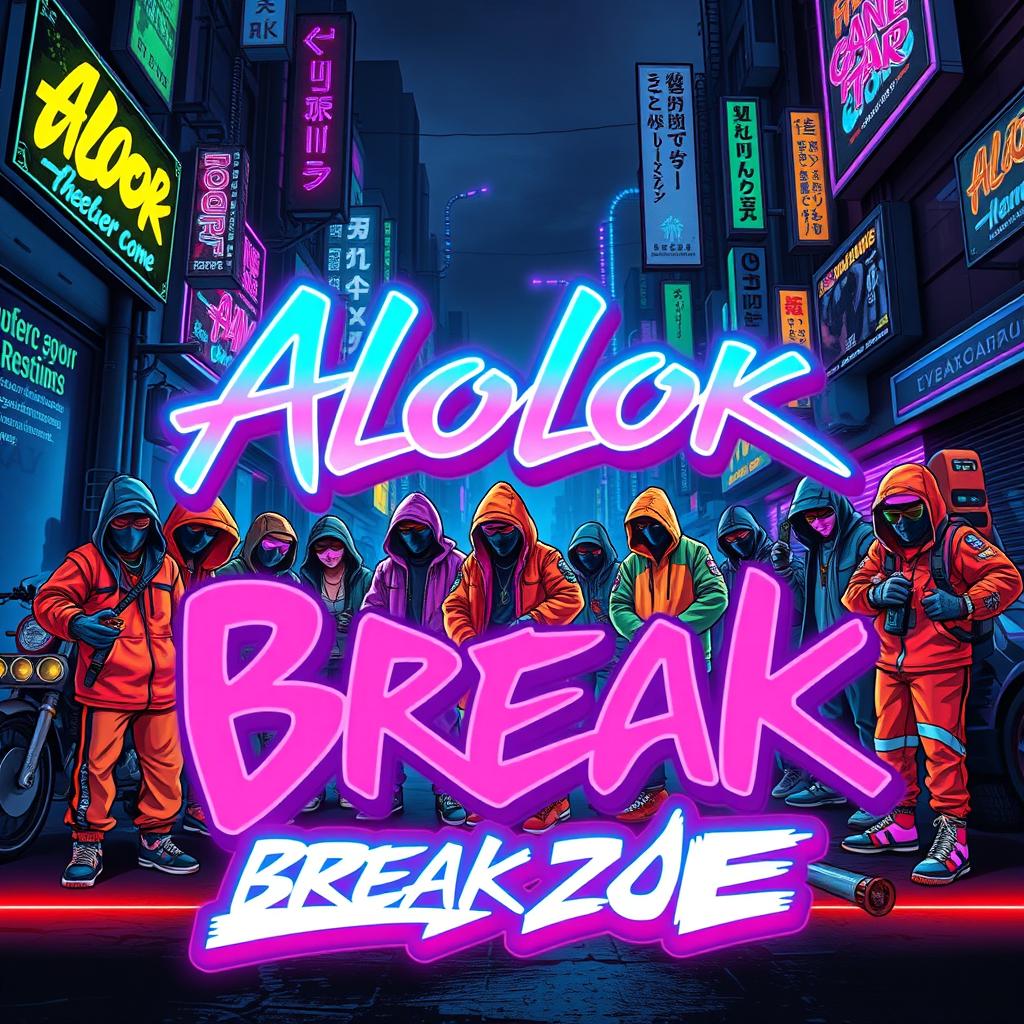 A vibrant poster design featuring large, bold graffiti text that reads "Alolor Break Zone" in a neon style