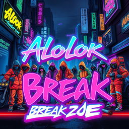 A vibrant poster design featuring large, bold graffiti text that reads "Alolor Break Zone" in a neon style