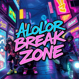 A vibrant poster design featuring large, bold graffiti text that reads "Alolor Break Zone" in a neon style