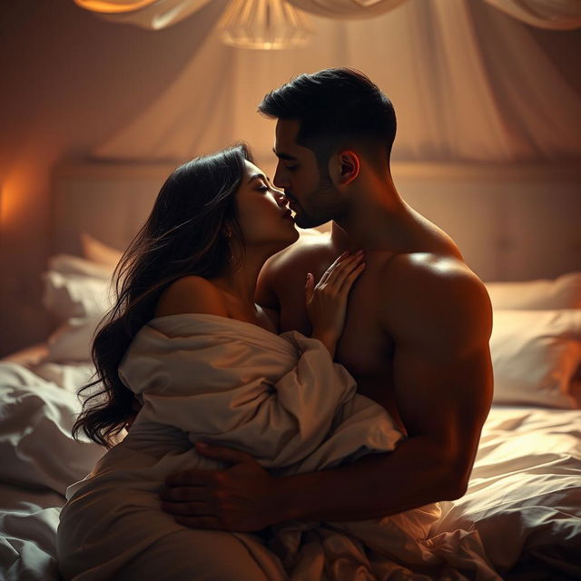 A beautifully sensual scene of an intimate couple in a romantic setting