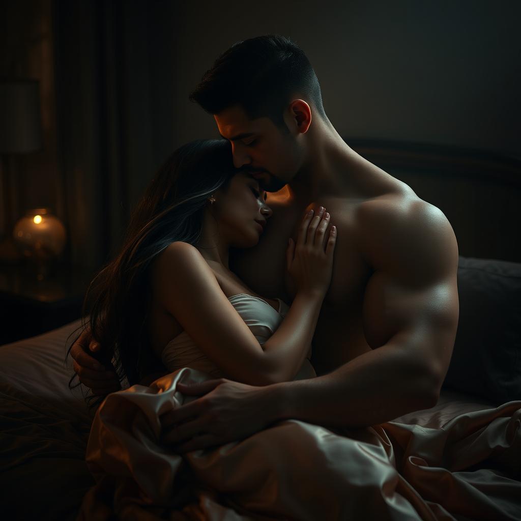 A beautifully sensual scene of an intimate couple in a romantic setting