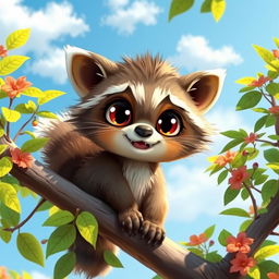 A whimsical creature inspired by a mixture of a raccoon and a cat, featuring playful and mischievous expressions